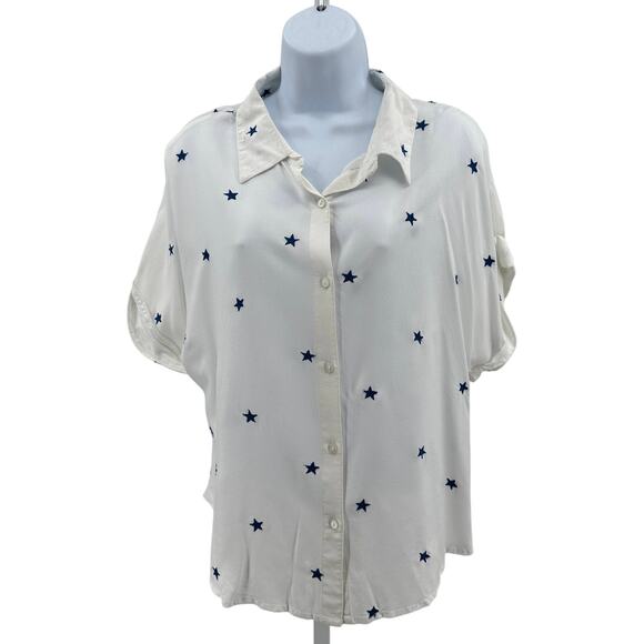 Japna Shirt WMNS L White Blue Stars Embroidery Cuffed Short Sleeve Relaxed Fit - Picture 1 of 7